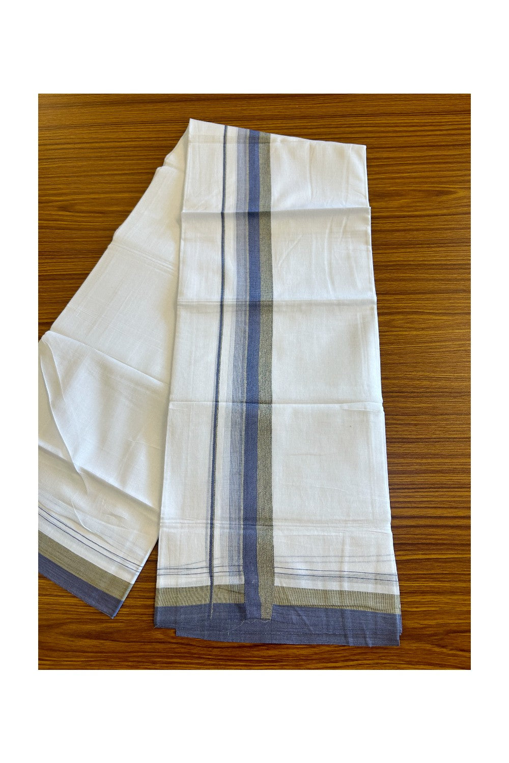 15% DISCOUNT!! Kaitharikada Balaramapuram 100% Cotton Ultra WHITE Double Mundu/Dothi-100x90  2.25 Inch Yellow + Blue shaded stripes kara - 23KK430VAS