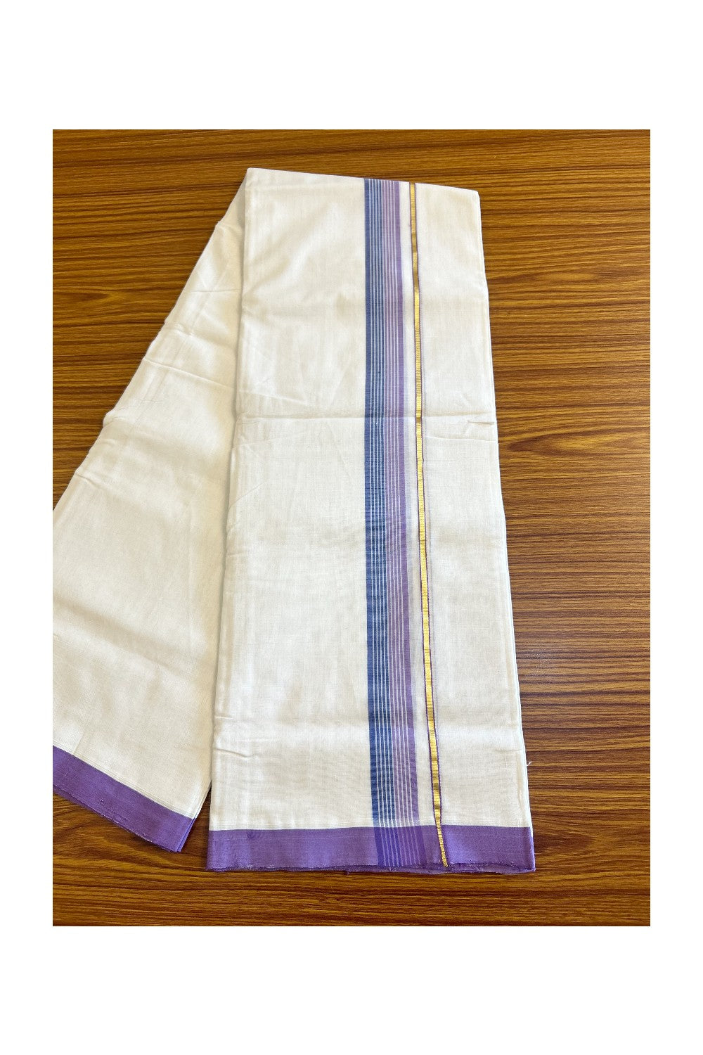 15% DISCOUNT!! KaithariKada HANDLOOM UNAKKUPAAV Balaramapuram - 100% PURE Cotton OFF White (Unbleached) Double Mundu/Dothi - Kasavu Lavender & Blue kara with white stripes - 23KK458SOM