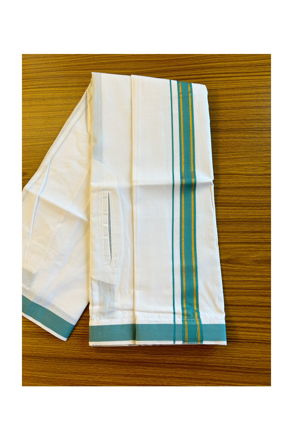 KaithariKada Balaramapuram  COTTON SINGLE PURE WHITE VELCRO Mundu/Dhoti - 1.75inch Peacock Green & Kasavu kara - 23KK485SRI