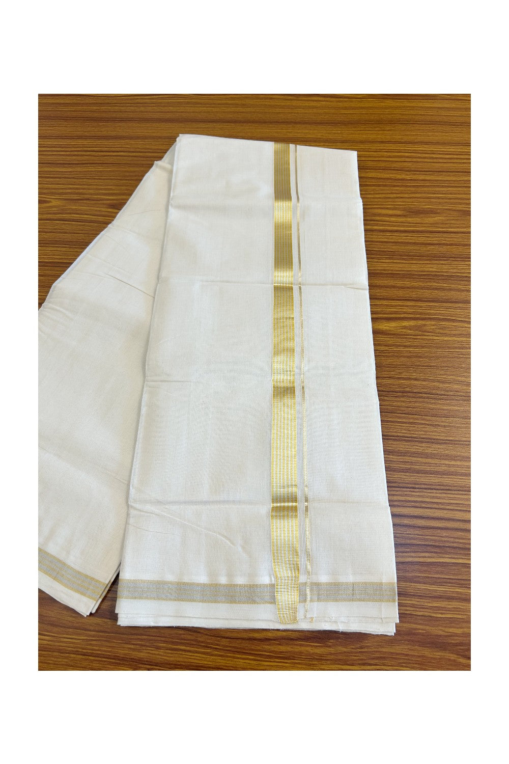 20% DISCOUNT!! KaithariKada HANDLOOM Millpaav Balaramapuram - 100% PURE Cotton OFF White Double Mundu/Dothi - 1.25 Inch Kasavu stripes Kara - 23KK498KK