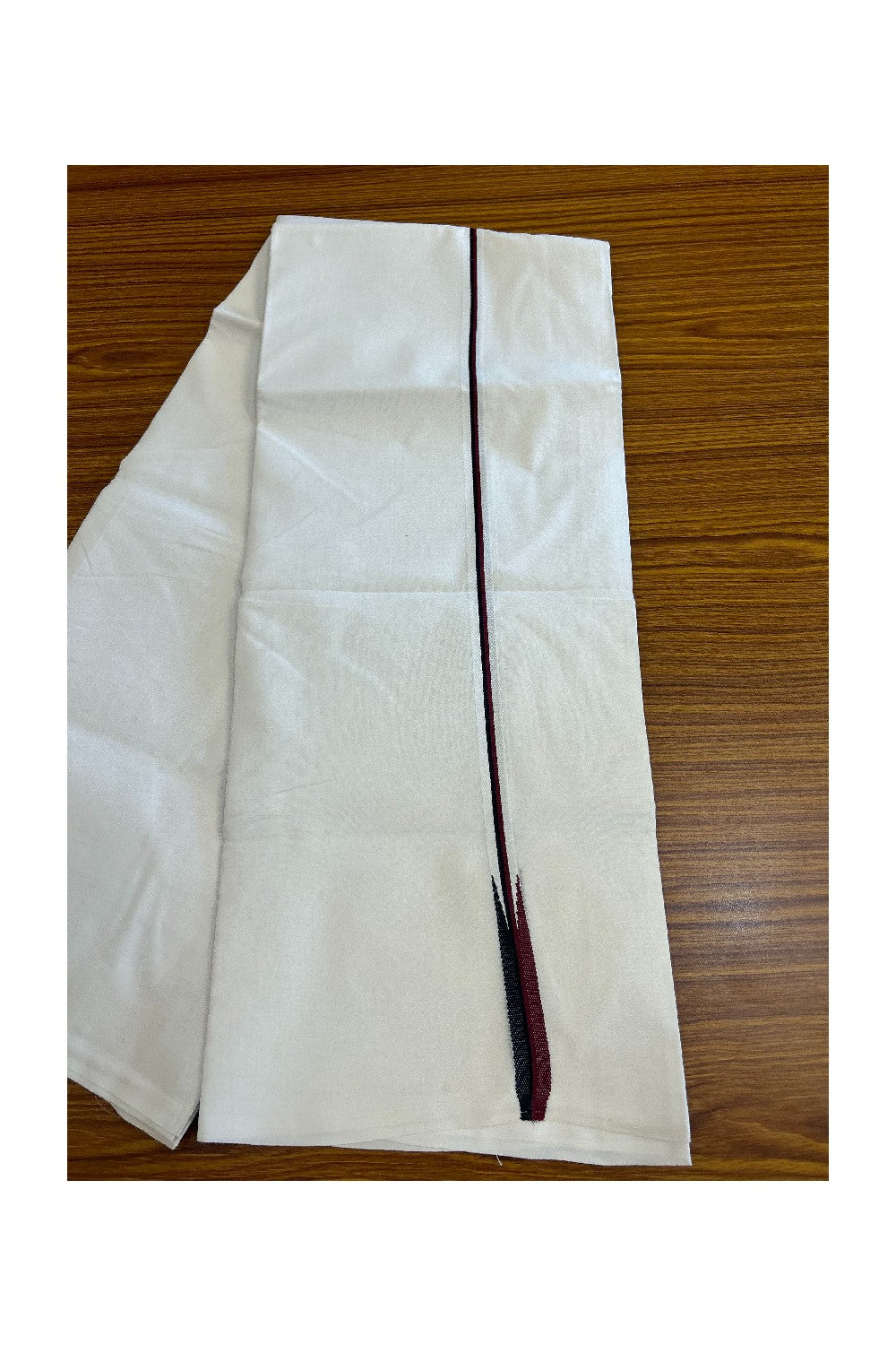 19% DISCOUNT ! KaithariKada Balaramapuram 100% COTTON  Double PURE WHITE Mundu/Dhoti-100X100- 1 cm Puliyilakkara Maroon & Black Chutty - 23KK5043ASH