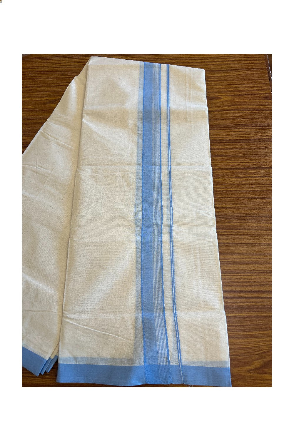 10% Discount KaithariKada Balaramapuram 100% Cotton Off White Double - (Unbleached) - Mundu/Dhoti - 100x100 2.25 inch - Sky Blue Side Stripe Kara - 202