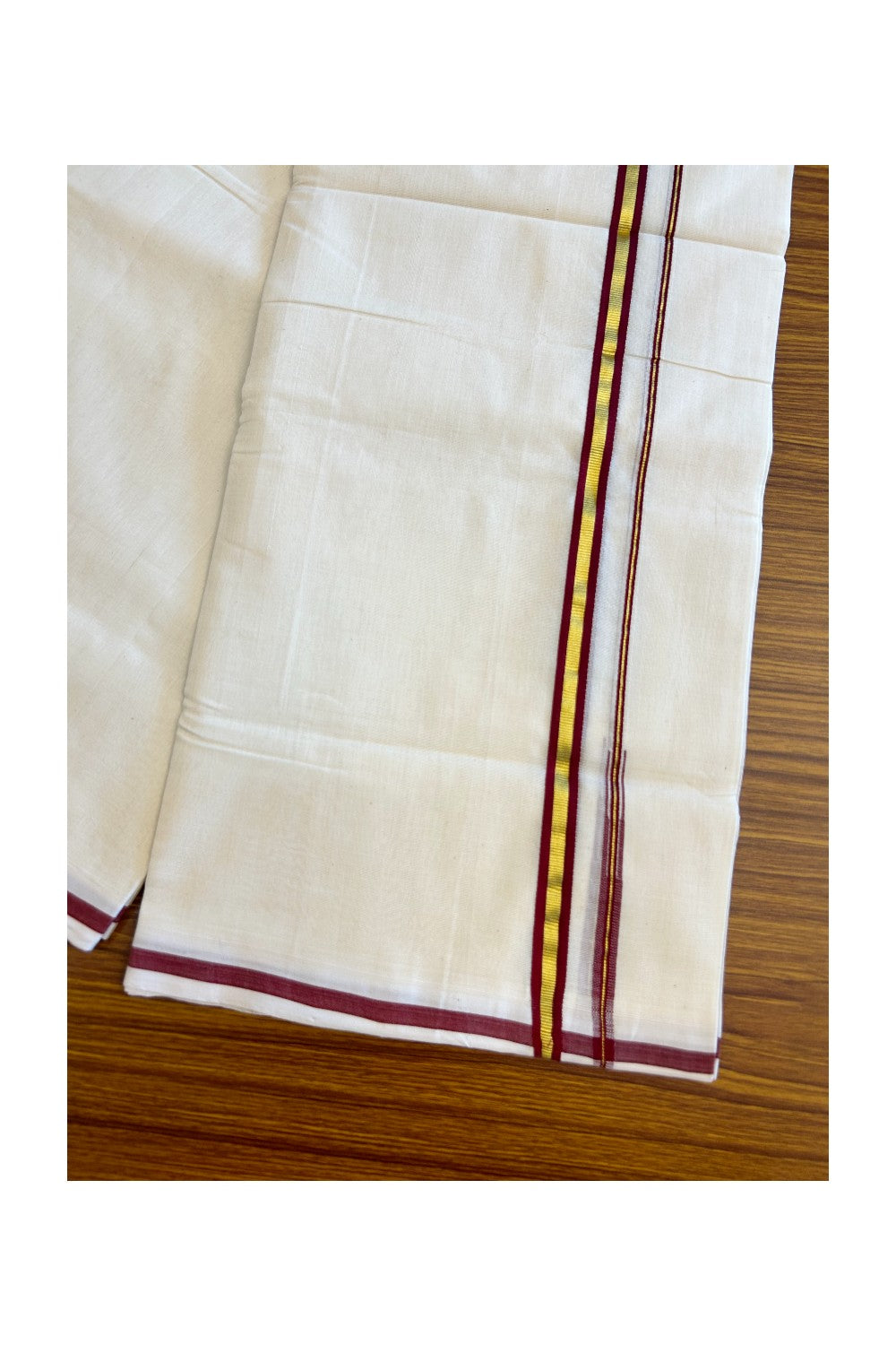 21% Discount KaithariKada HANDLOOM UNAKKUPAAV Balaramapuram - 100% PURE Cotton off white (Unbleached) Double Mundu/Dhoti - 1.5cm  Maroon Strip & Kasavu-90