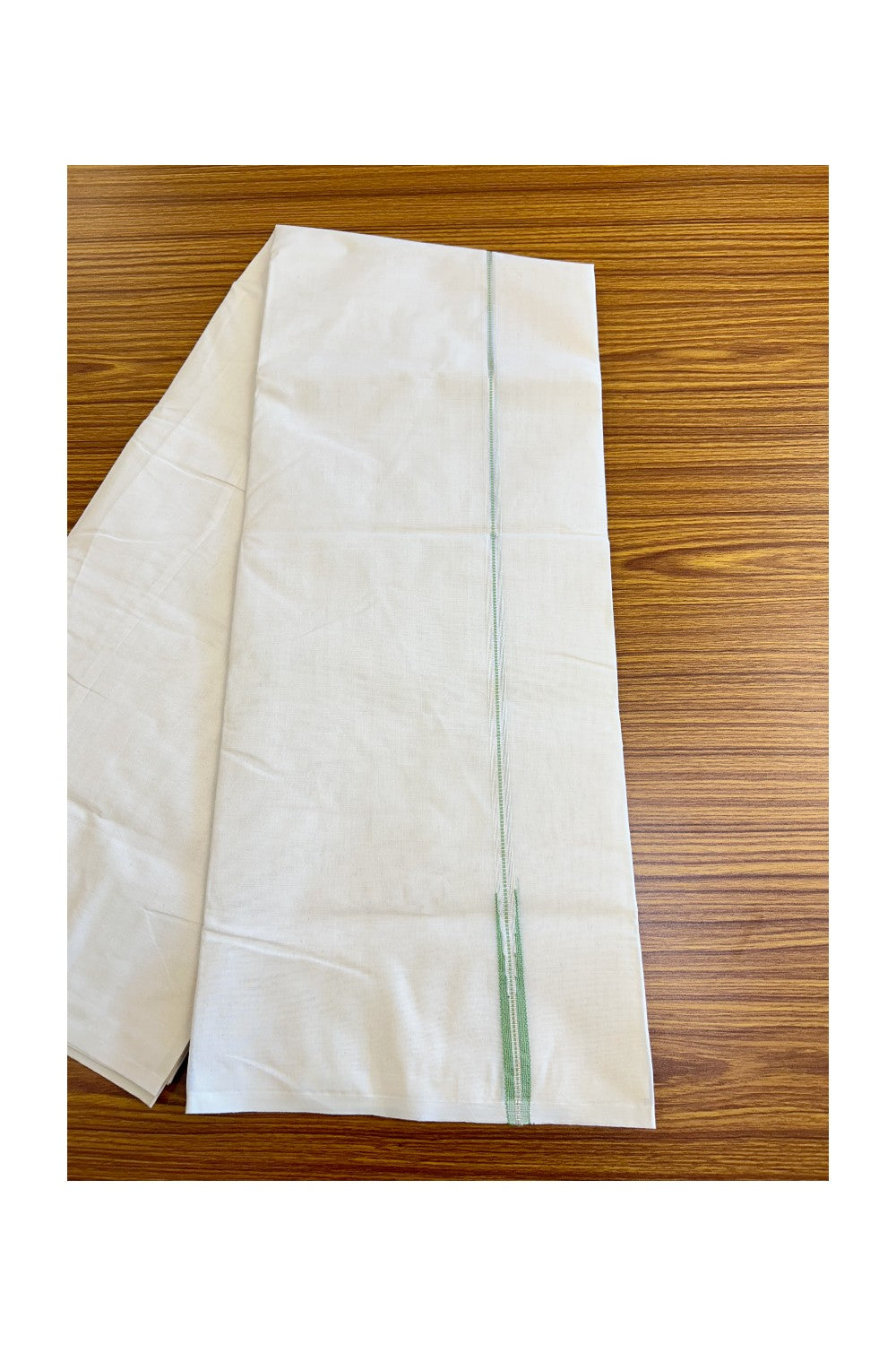 23% Discount !! KaithariKada Balaramapuram 100% Cotton Double Off white - (Unbleached) Mundu/Dhoti-100x100 0.5 inch Puliyilakkara Muthukuri Silver Kasavu & Light Green Chutty Kara - 23KK5045ASH