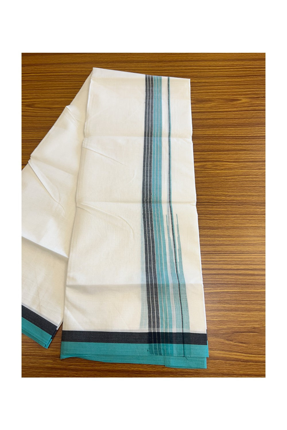 19% Discount!!! KaithariKada Balaramapuram  Double Off white - (Unbleached) Mundu/Dhoti - 80X90 - 1.75 inch Black & Turquoise Green Silver puliyilakkara chutty Striped Kara 3.85 meters - 22KK5058GUN