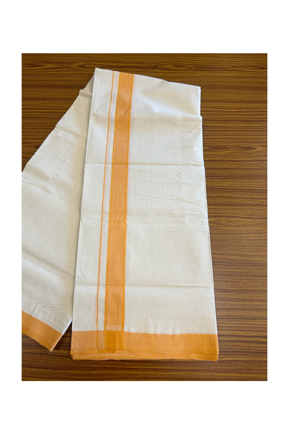 15% DISCOUNT! KaithariKada BALARAMAPURAM HANDLOOM Unakkupaav- 100% PURE Cotton 100x100 Double Mundu/Dhoti OFF WHITE (Unbleached) - Orange Stripes Kara