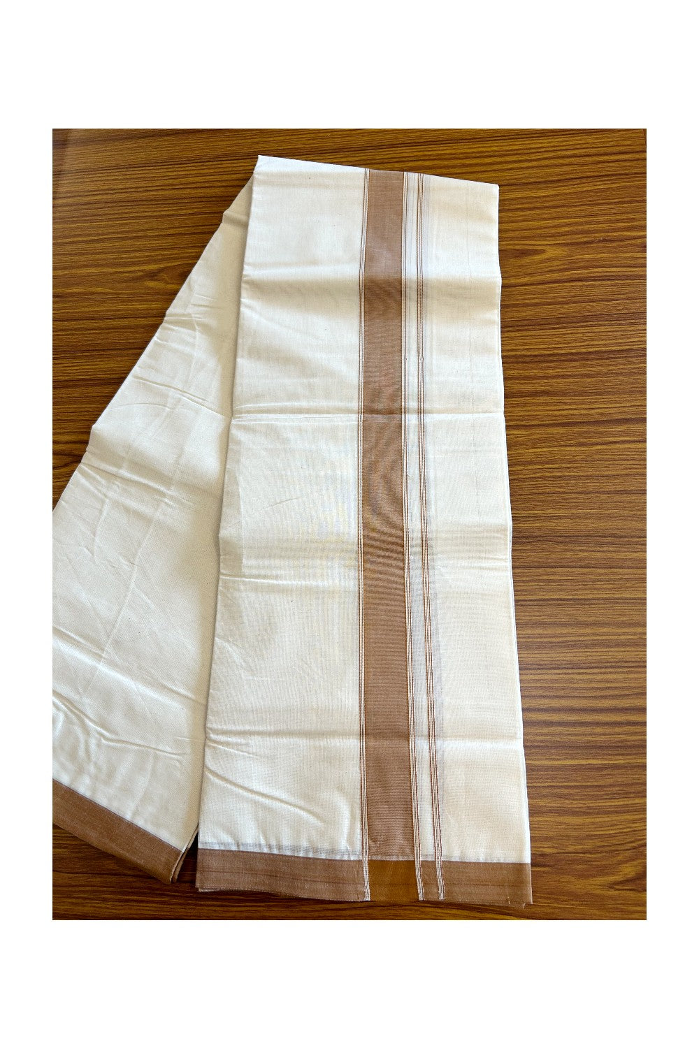 10% Discount KaithariKada Balaramapuram 100% Cotton Double Off white - (Unbleached) - Mundu/Dhoti- 100x80 - 2 inch Walnut Brown Kara 3.75 mtr - 23KK5063KK