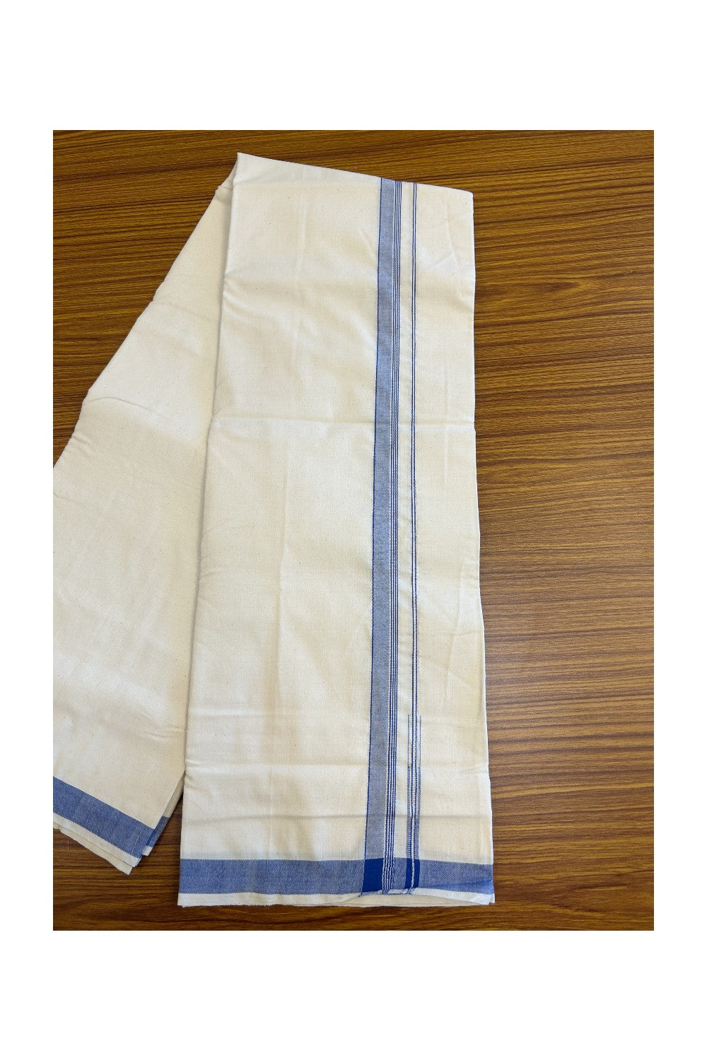 32% Discount ! KaithariKada 100% Cotton Balaramapuram HANDLOOM Single Mundu/Dhoti - Off White (Unbleached) 0.75 Inch Blue Striped Puliyilakkara Chutty.