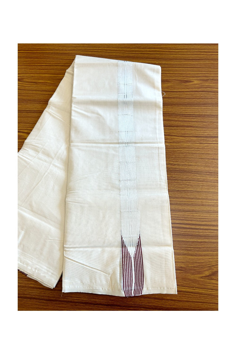 23% DISCOUNT ! KaithariKada 100% Cotton OFF WHITE - (Unbleached) - Double Dhoti/Mundu- 12 Line DARK Maroon Puliyilakkara Chutty & Silver Kasavu Stripes- 10KK411ASH