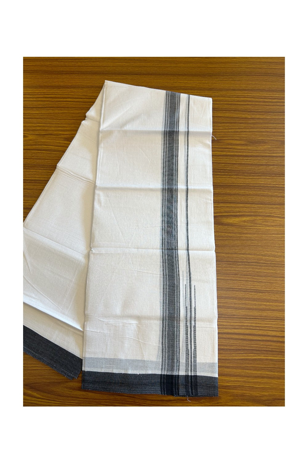 25% DISCOUNT!!! KaithariKada Balaramapuram 100% Cotton Double PURE white Mundu/Dhoti -80X80 - 1.25 Inch Black & White shaded stripes Chutty kara - 23KK5108GAN