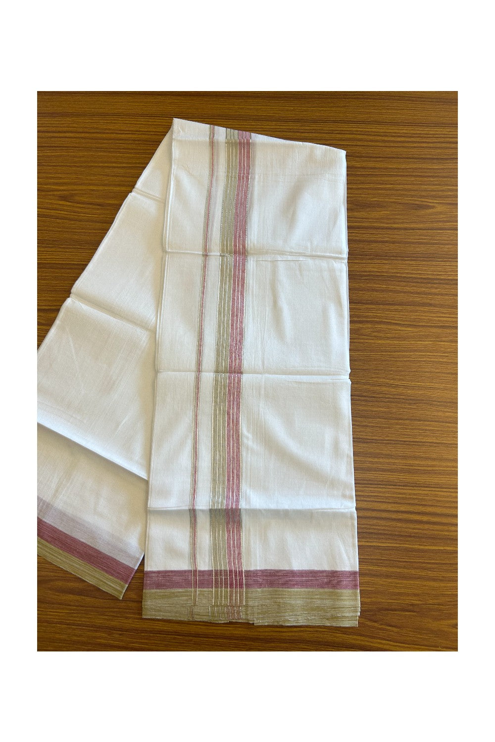 20% Discount !! KaithariKada Balaramapuram Double PURE WHITE Mundu/Dhoti- 100x80 - 2.25 inch Magenta & Olive Green Shaded with Silver Striped kara - 3.90 mtr - 23KK5112PMC