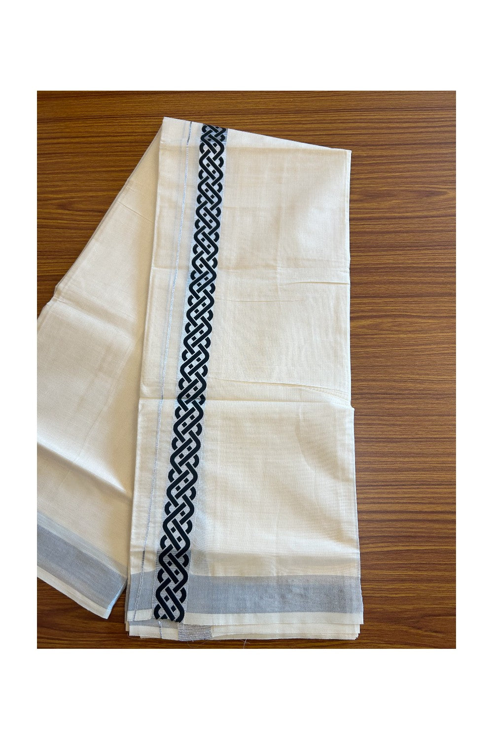 20% DISCOUNT ! KaithariKada Balaramapuram Mixed Cotton Double off white (Unbleached) Mundu/Dhoti - 80x80 thread - 2 inch Silver kasavu & Black design kara - 23KK5113PMC