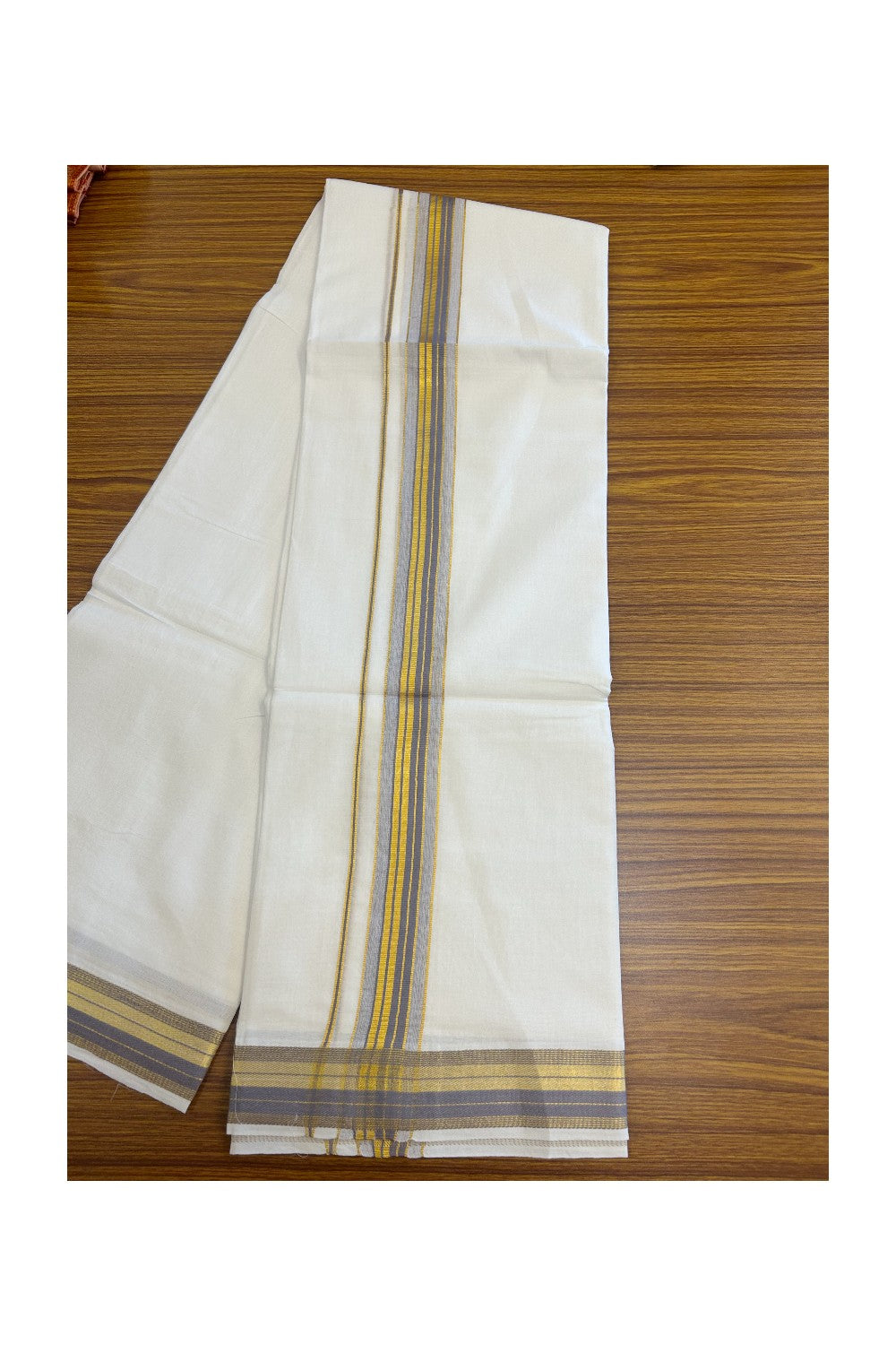 16% DISCOUNT! KaithariKada Balaramapuram 100% Mercerised Cotton Double PURE white Mundu/Dhoti - 100x100  1.5 inch Lavender & Kasavu striped Kara - 23KK5135GAN