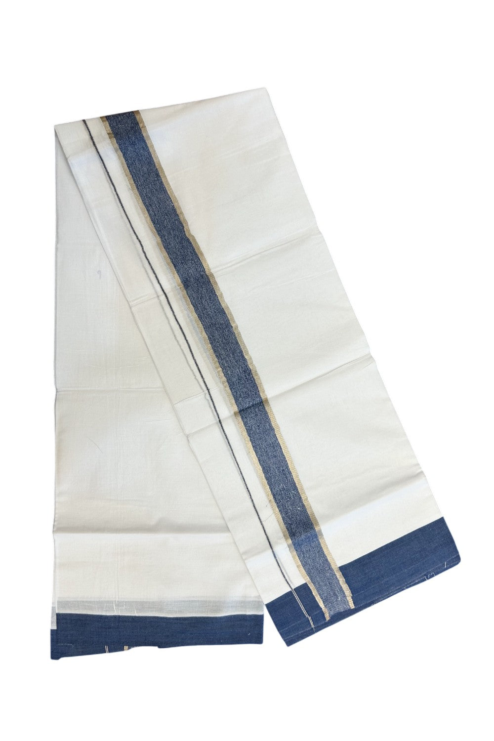 20% Discount !! KaithariKada Balaramapuram Double PURE WHITE Mundu/Dhoti- 100x80 - 1.75 inch Blue Shaded Kara Silver Striped kara - 23KK5143PMC.