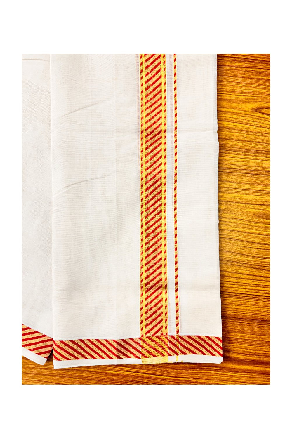 18 % DISCOUNT ! KaithariKada HANDLOOM Unakkupaav Balaramapuram - 100% PURE Cotton 3.75 Meter Off White Double Mundu/Dhoti - Brick Red Lines & KASAVU DESIGN 2.5 Inch  KARA- ABH23