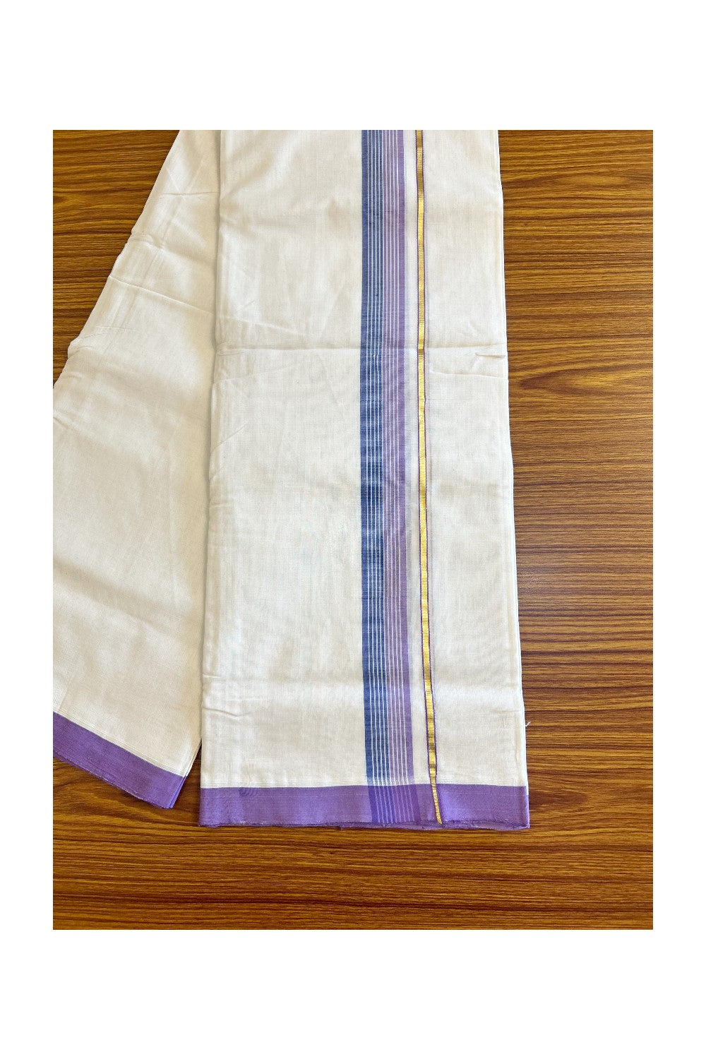 15% DISCOUNT!! KaithariKada HANDLOOM UNAKKUPAAV Balaramapuram - 100% PURE Cotton OFF White (Unbleached) Double Mundu/Dothi - Kasavu Lavender & Blue kara with white stripes - 23KK458SOM