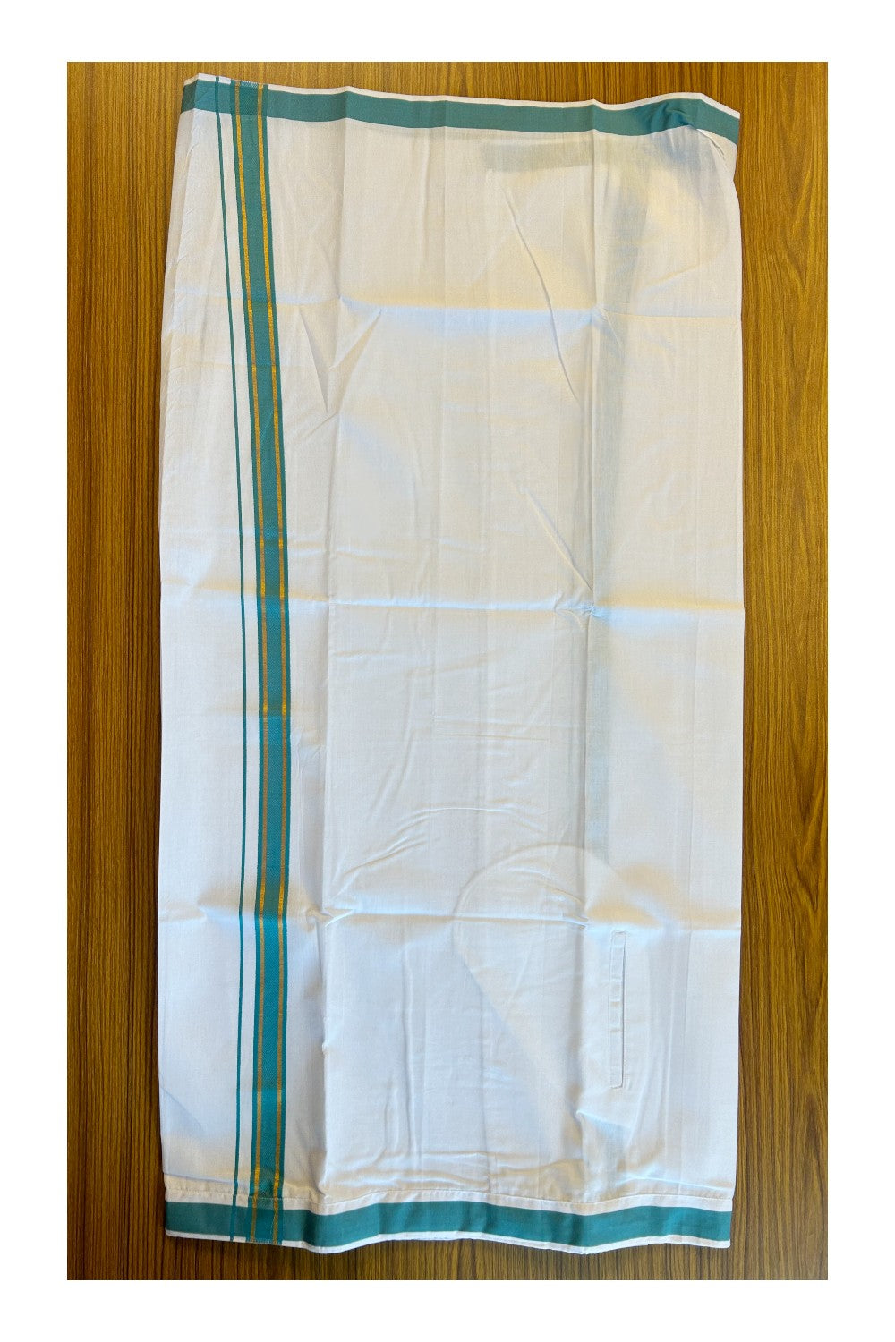 KaithariKada Balaramapuram  COTTON SINGLE PURE WHITE VELCRO Mundu/Dhoti - 1.75inch Peacock Green & Kasavu kara - 23KK485SRI