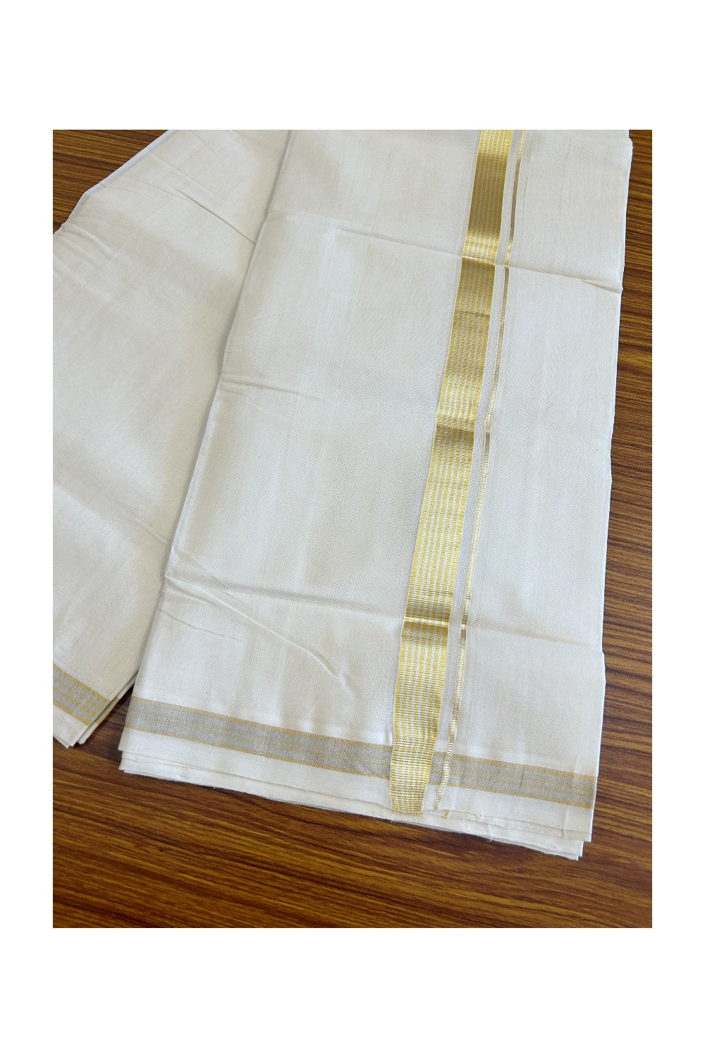 20% DISCOUNT!! KaithariKada HANDLOOM Millpaav Balaramapuram - 100% PURE Cotton OFF White Double Mundu/Dothi - 1.25 Inch Kasavu stripes Kara - 23KK498KK