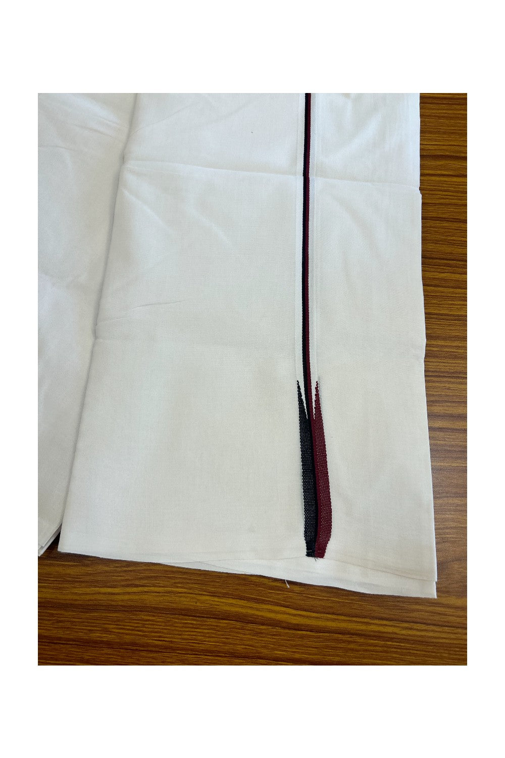 19% DISCOUNT ! KaithariKada Balaramapuram 100% COTTON  Double PURE WHITE Mundu/Dhoti-100X100- 1 cm Puliyilakkara Maroon & Black Chutty - 23KK5043ASH