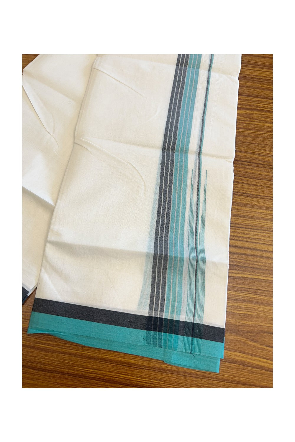 19% Discount!!! KaithariKada Balaramapuram  Double Off white - (Unbleached) Mundu/Dhoti - 80X90 - 1.75 inch Black & Turquoise Green Silver puliyilakkara chutty Striped Kara 3.85 meters - 22KK5058GUN