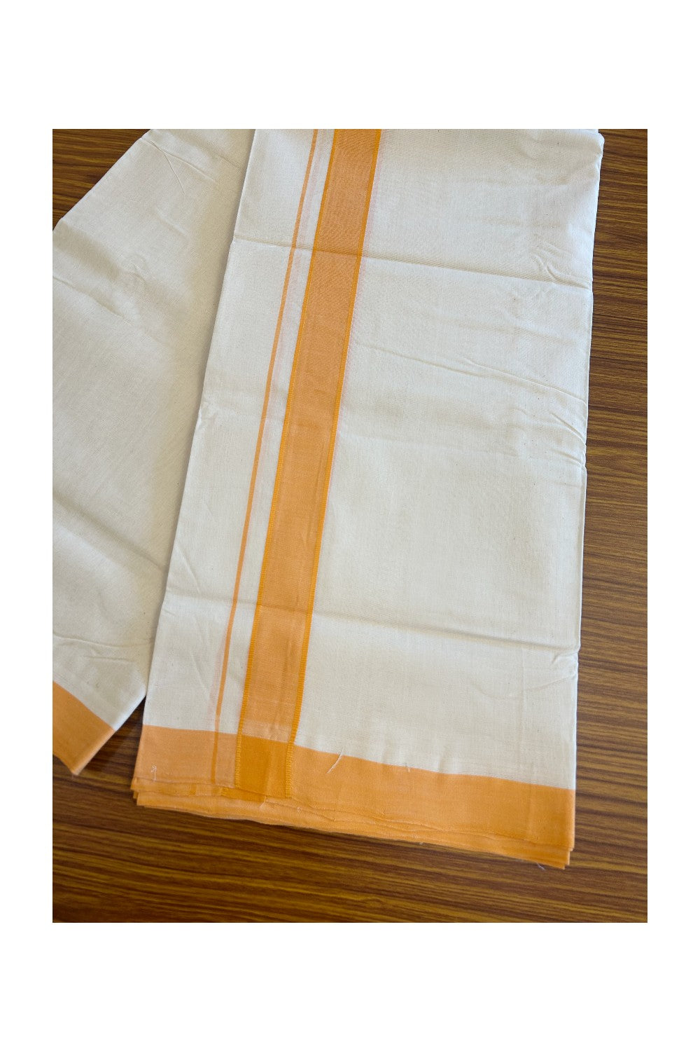 15% DISCOUNT! KaithariKada BALARAMAPURAM HANDLOOM Unakkupaav- 100% PURE Cotton 100x100 Double Mundu/Dhoti OFF WHITE (Unbleached) - Orange Stripes Kara