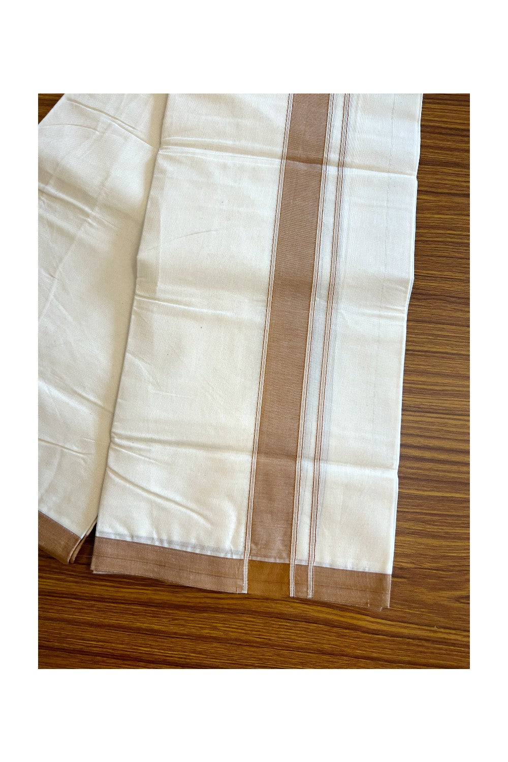 10% Discount KaithariKada Balaramapuram 100% Cotton Double Off white - (Unbleached) - Mundu/Dhoti- 100x80 - 2 inch Walnut Brown Kara 3.75 mtr - 23KK5063KK