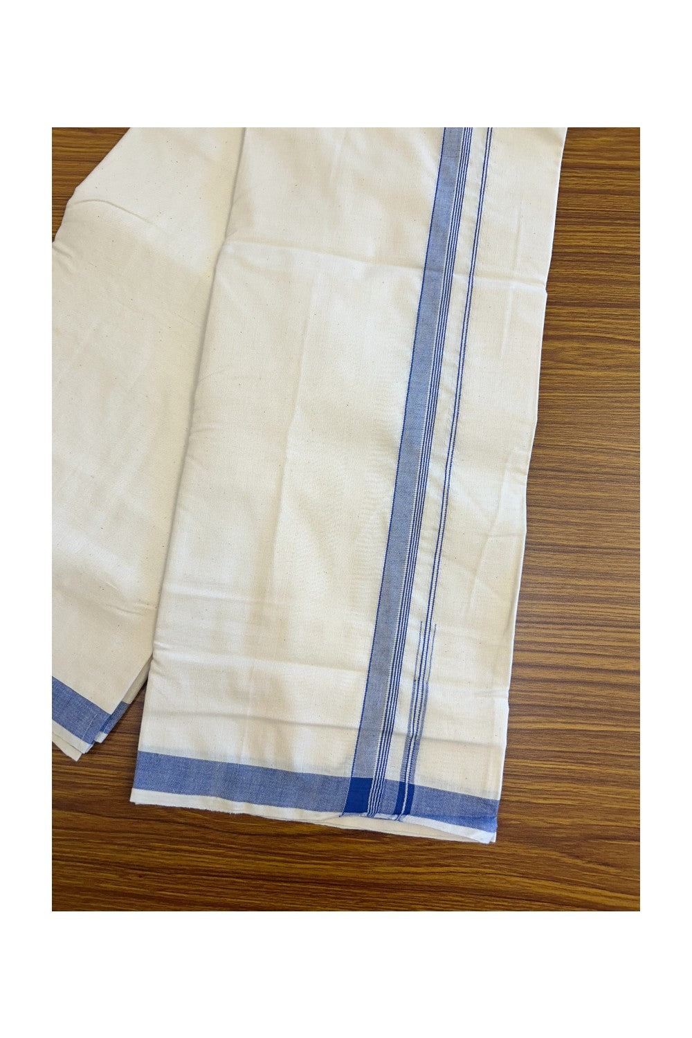 32% Discount ! KaithariKada 100% Cotton Balaramapuram HANDLOOM Single Mundu/Dhoti - Off White (Unbleached) 0.75 Inch Blue Striped Puliyilakkara Chutty.