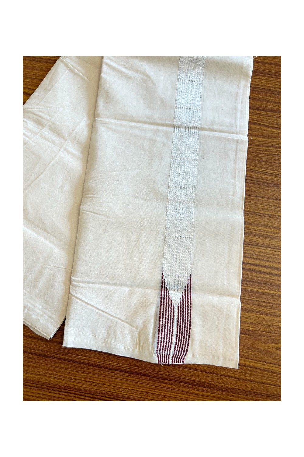 23% DISCOUNT ! KaithariKada 100% Cotton OFF WHITE - (Unbleached) - Double Dhoti/Mundu- 12 Line DARK Maroon Puliyilakkara Chutty & Silver Kasavu Stripes- 10KK411ASH