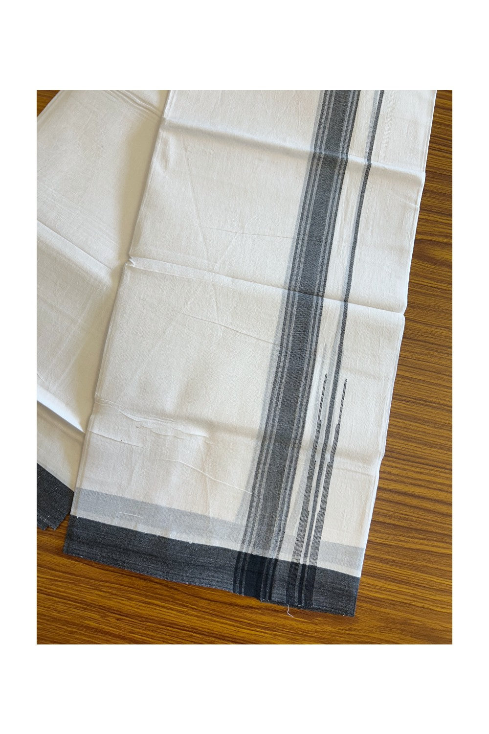 25% DISCOUNT!!! KaithariKada Balaramapuram 100% Cotton Double PURE white Mundu/Dhoti -80X80 - 1.25 Inch Black & White shaded stripes Chutty kara - 23KK5108GAN