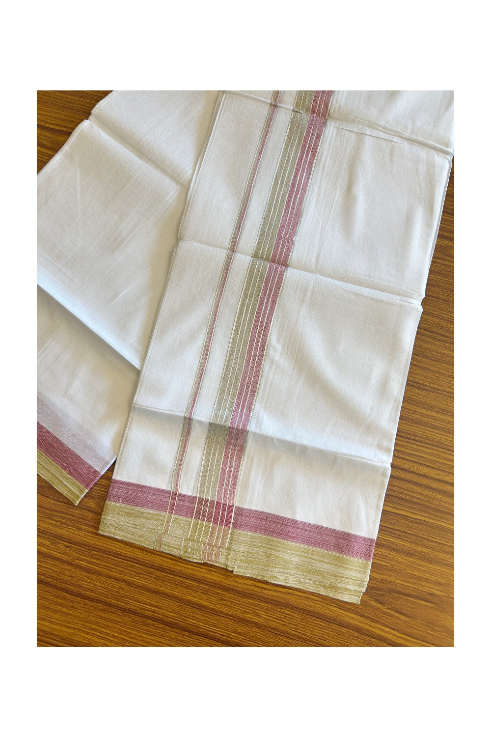 20% Discount !! KaithariKada Balaramapuram Double PURE WHITE Mundu/Dhoti- 100x80 - 2.25 inch Magenta & Olive Green Shaded with Silver Striped kara - 3.90 mtr - 23KK5112PMC