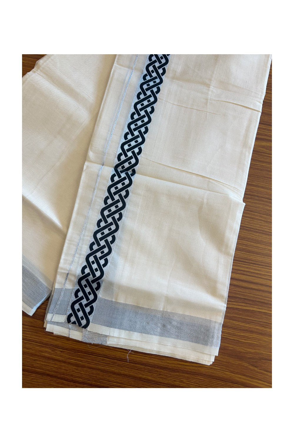 20% DISCOUNT ! KaithariKada Balaramapuram Mixed Cotton Double off white (Unbleached) Mundu/Dhoti - 80x80 thread - 2 inch Silver kasavu & Black design kara - 23KK5113PMC