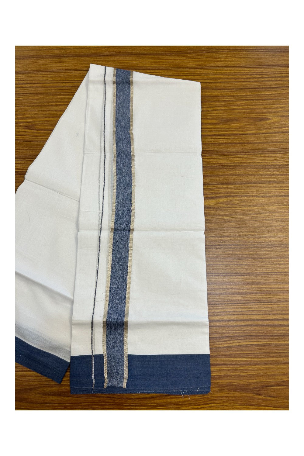 20% Discount !! KaithariKada Balaramapuram Double PURE WHITE Mundu/Dhoti- 100x80 - 1.75 inch Blue Shaded Kara Silver Striped kara - 23KK5143PMC.