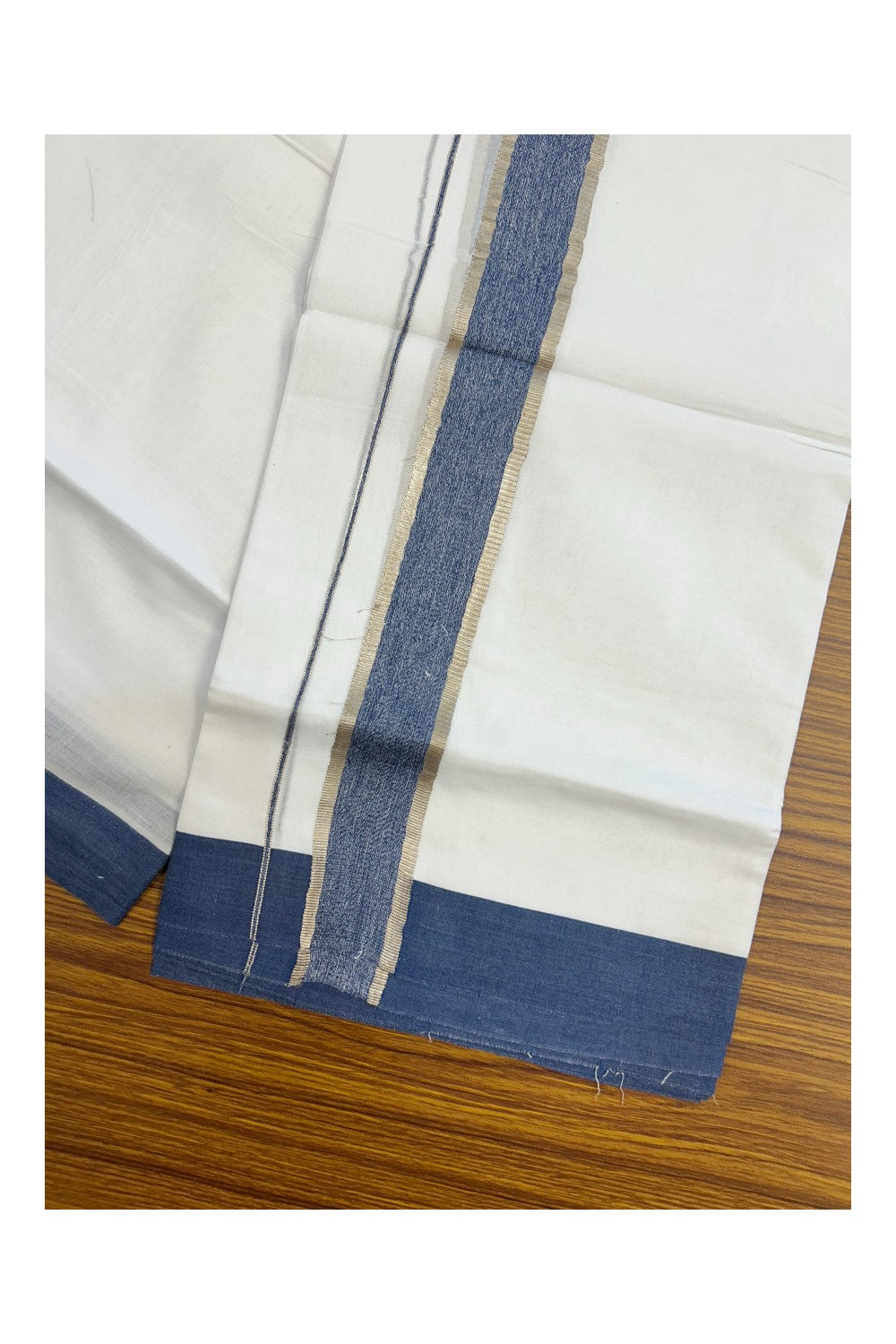 20% Discount !! KaithariKada Balaramapuram Double PURE WHITE Mundu/Dhoti- 100x80 - 1.75 inch Blue Shaded Kara Silver Striped kara - 23KK5143PMC.