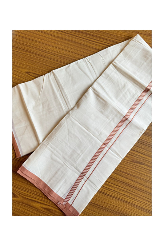 22% DISCOUNT ! KaithariKada Balaramapuram 100%  COTTON Double OFF WHITE Mundu/Dhoti-100X100- 1 inch  Light Brown Striped Kara- 24KK424CEE