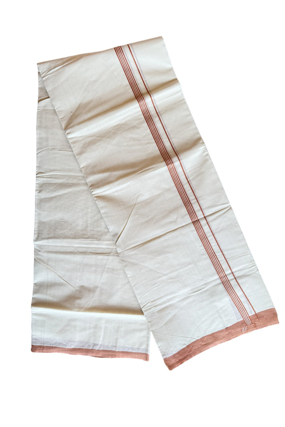 22% DISCOUNT ! KaithariKada Balaramapuram 100%  COTTON Double OFF WHITE Mundu/Dhoti-100X100- 1 inch  Light Brown Striped Kara- 24KK424CEE