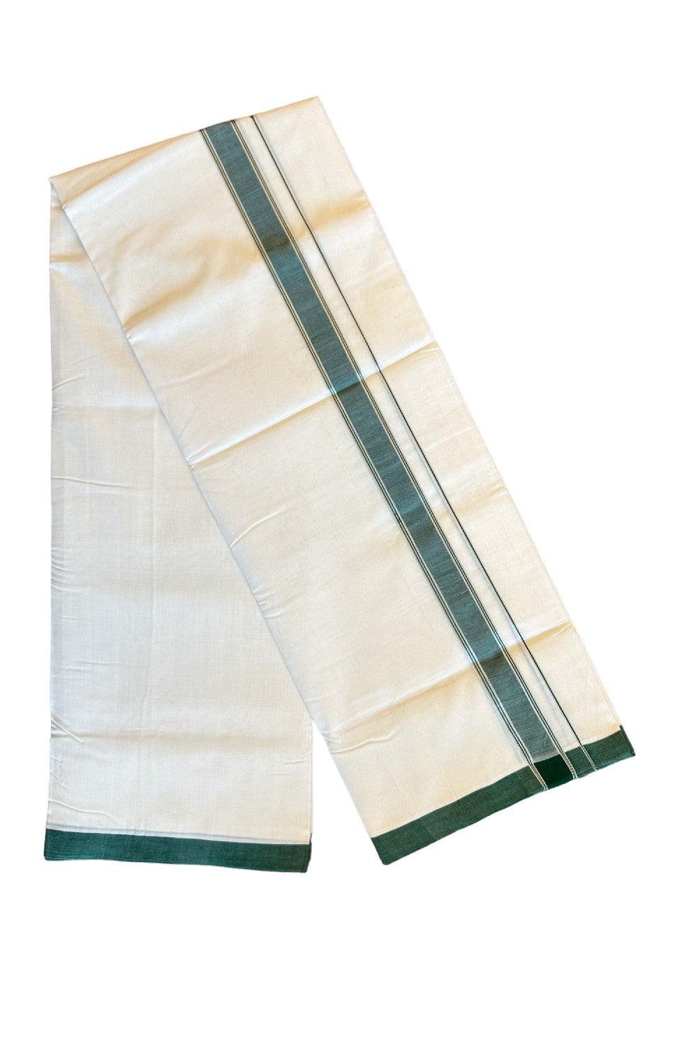 20% DISCOUNT!! KaithariKada HANDLOOM UNAKKUPAAV Balaramapuram - 100% PURE Cotton OFF White (Unbleached) Double Mundu/Dothi - 2 Inch Green & silver Kara - 24KK456KK