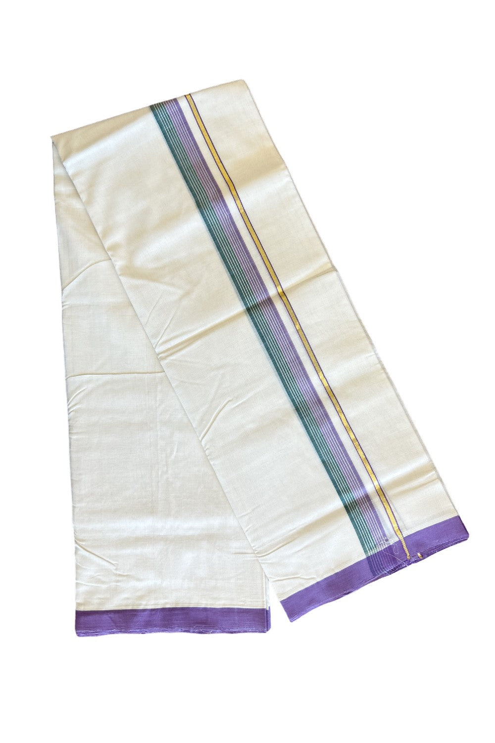 15% DISCOUNT!! KaithariKada HANDLOOM UNAKKUPAAV Balaramapuram - 100% PURE Cotton OFF White (Unbleached) Double Mundu/Dothi - Kasavu Lavender & Green kara with white stripes - 24KK458SOM