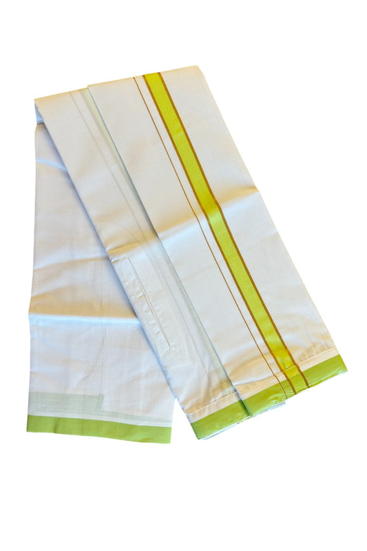 KaithariKada Balaramapuram  COTTON SINGLE PURE WHITE VELCRO Mundu/Dhoti - 1.75inch Light Green & Kasavu kara - 24KK485SRI