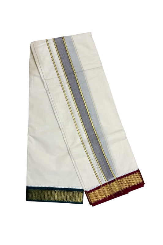 38% DISCOUNT! KaithariKada 100% Cotton Off White - (Unbleached) 100x100 thread - NORTH INDIAN- ATTACHED GAMCHA 9X5 Dhoti 2.5 inch Purple kara with Maroon &Green Kasavu border  - 24KK5005PMC