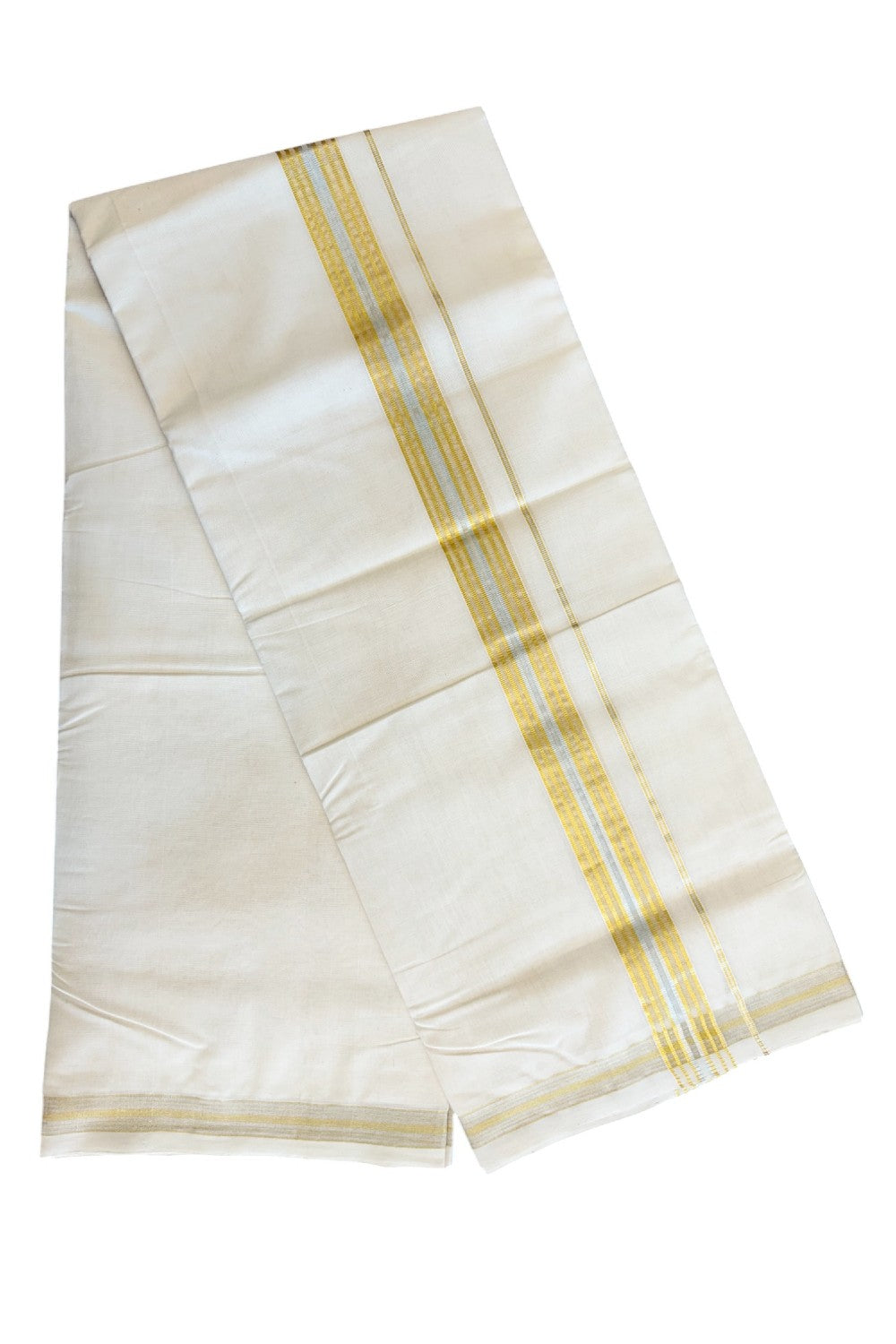 8% DISCOUNT ! KaithariKada HANDLOOM Millpaav Balaramapuram - 100% PURE Cotton Off White Double - (Unbleached) Mundu/Dhoti - 2.45 Inch Silver & Gold Kasavu Stipes Kara- 24KK5029RAM