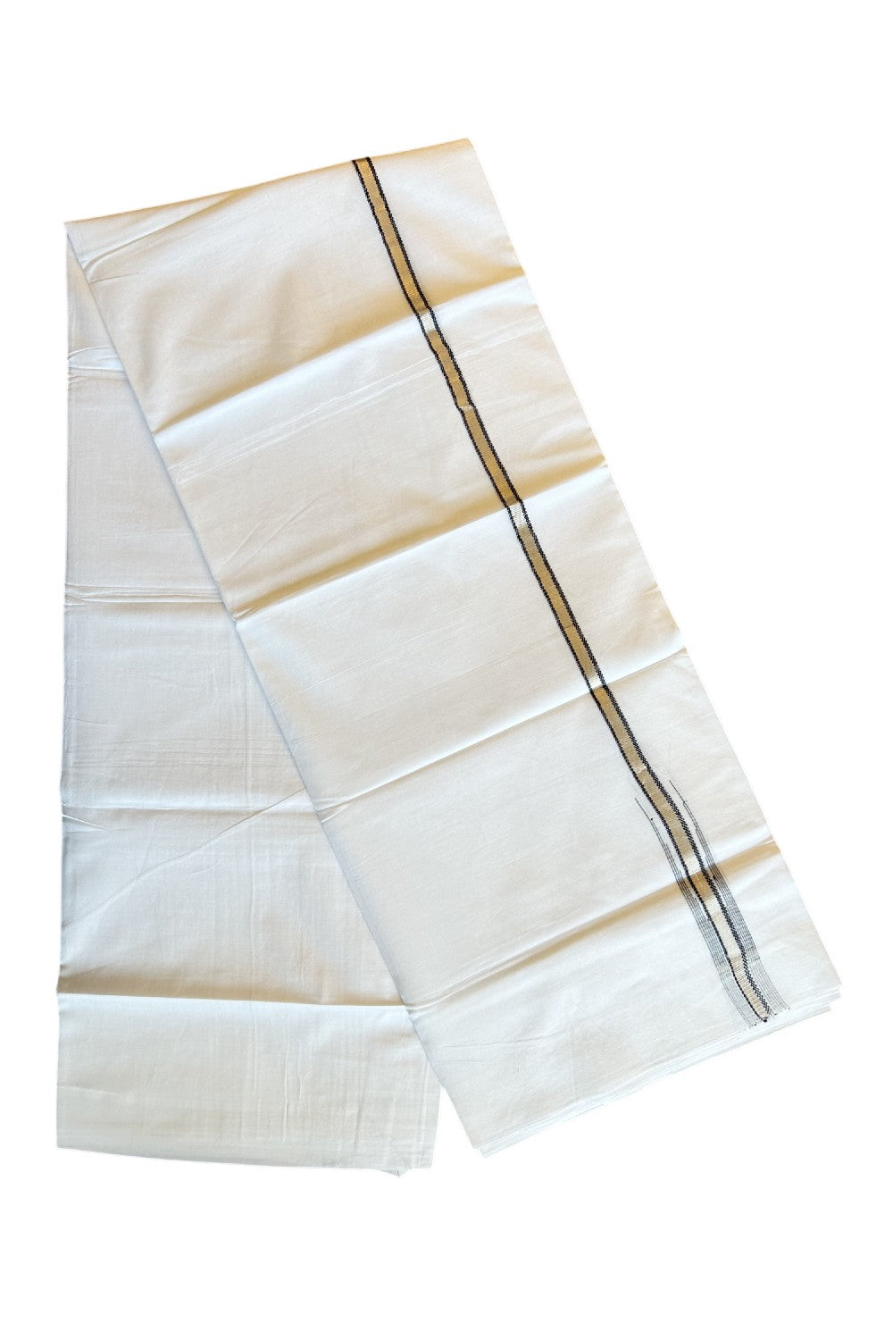 8% Discount ! Kaitharikada Balaramapuram 100% Cotton PURE WHITE Double Mundu/Dothi- 0.5 inch Silver Kasavu & Black Striped Chutty Kara - 24KK5032GAN