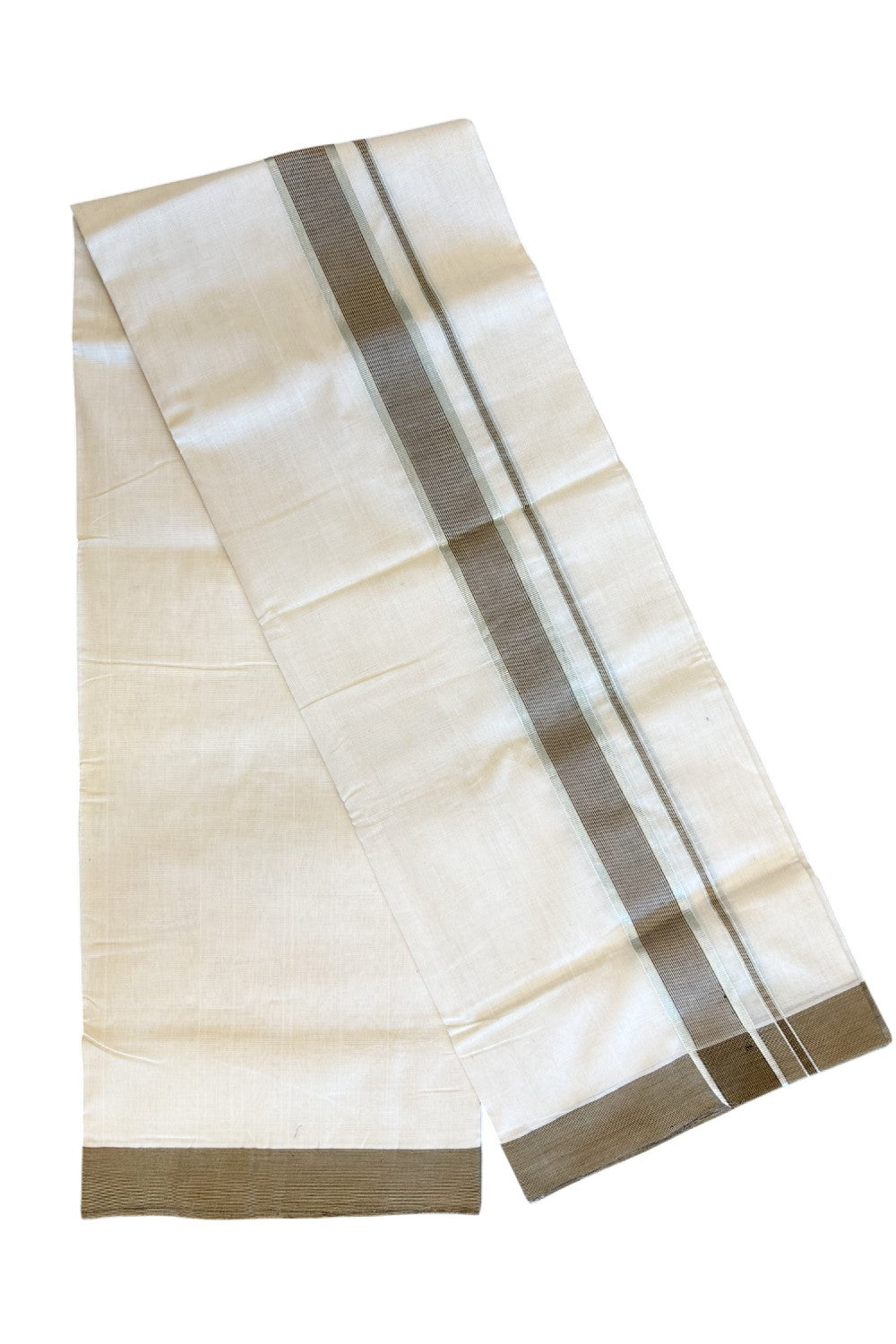 21% Discount KaithariKada HANDLOOM UNAKKUPAAV Balaramapuram - 100% PURE Cotton off white (Unbleached) Double Mundu/Dhoti -  2.5inch Sage Green Stripes & Silver Kasavu-88