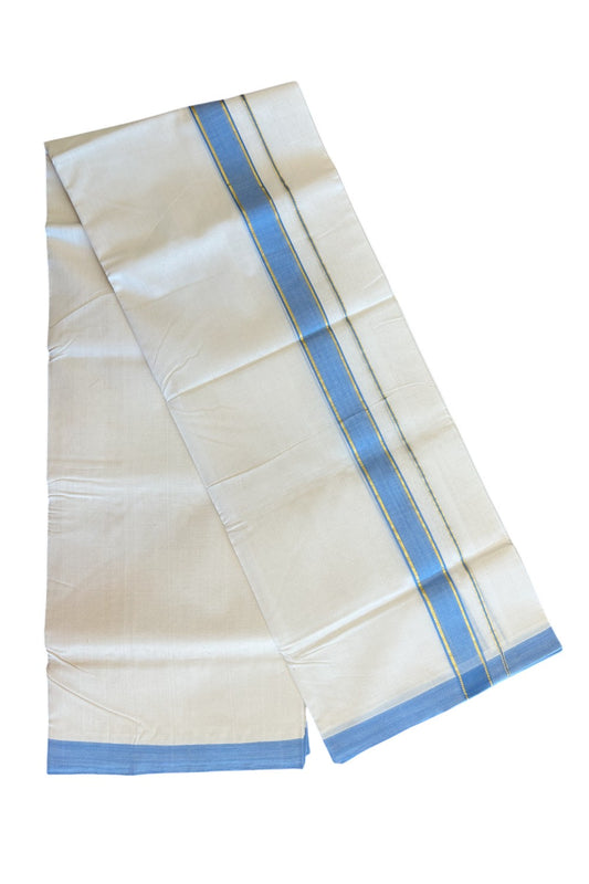 21% Discount KaithariKada HANDLOOM Unakkupaav Balaramapuram - 100% PURE Cotton Off White (Unbleached) - 100x100 Double Mundu/Dhoti - 2 inch Kasavu & Sky Blue Kara- 101