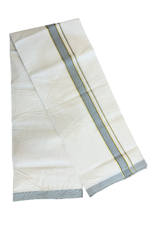 10% DISCOUNT ! KaithariKada Balaramapuram 100%  Cotton Double Off white (Unbleached) Mundu/Dhoti-100X100- SAGE GREEN & GOLD & WHITE 1.75 inch  STRIPES Kara- ASH008.