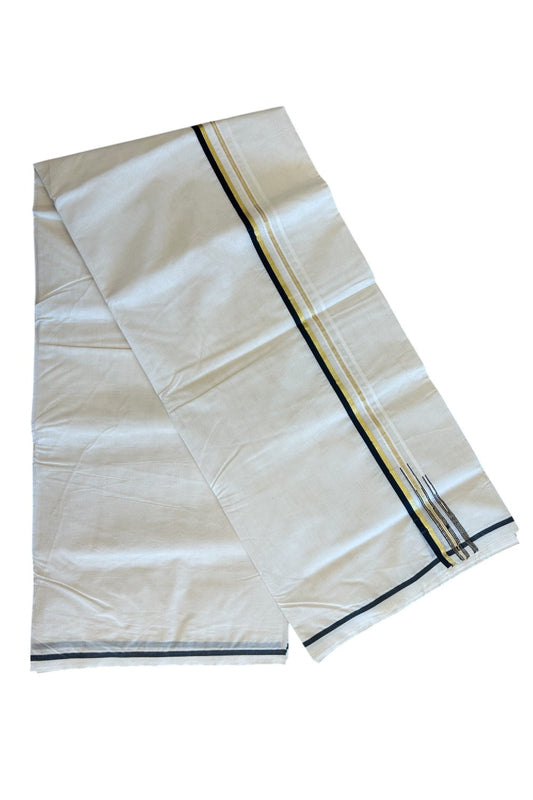 21% OFFER ! KaithariKada Balaramapuram 100% Cotton Double OFF WHITE - (Unbleached) Mundu/Dhoti-100x100 Double Chutty Black & Kasavu Border- 1KK28KAI