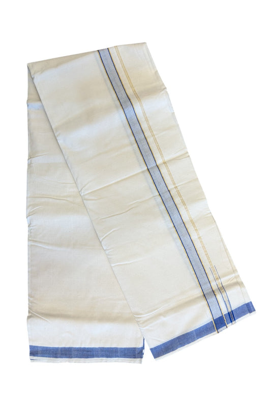 32% Discount ! KaithariKada 100% Cotton Balaramapuram HANDLOOM Single Mundu/Dhoti - Off White (Unbleached) 1.Inch Blue Striped Puliyilakkara Chutty.