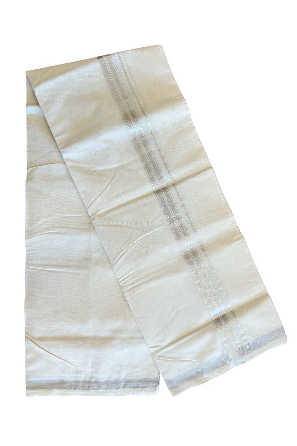 12% DISCOUNT ! KaithariKada HANDLOOM Millpaav Balaramapuram - 100% PURE Cotton Off White Double Mundu/Dhoti - Silver KASAVU Stripes Design-4KK37RAM