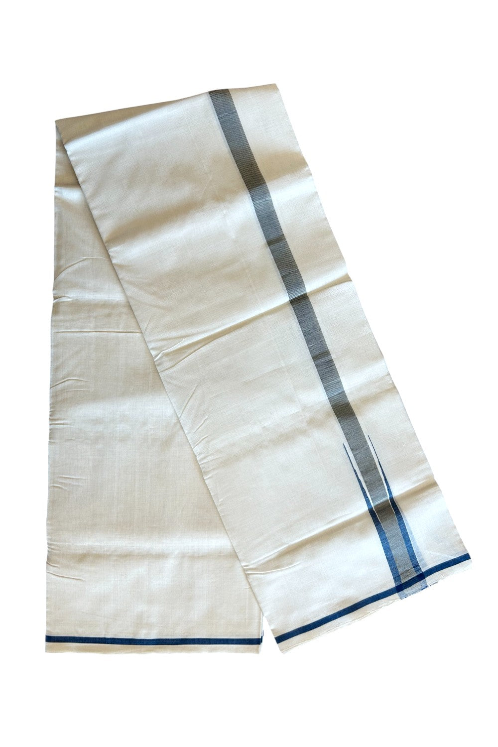 21% DISCOUNT!! KaithariKada HANDLOOM UNAKKUPAAV Balaramapuram - 100% PURE Cotton OFF White (Unbleached) Double Mundu/Dothi - Kasav Navy Blue Chutty Puliyilakkara - 27KK403RAM