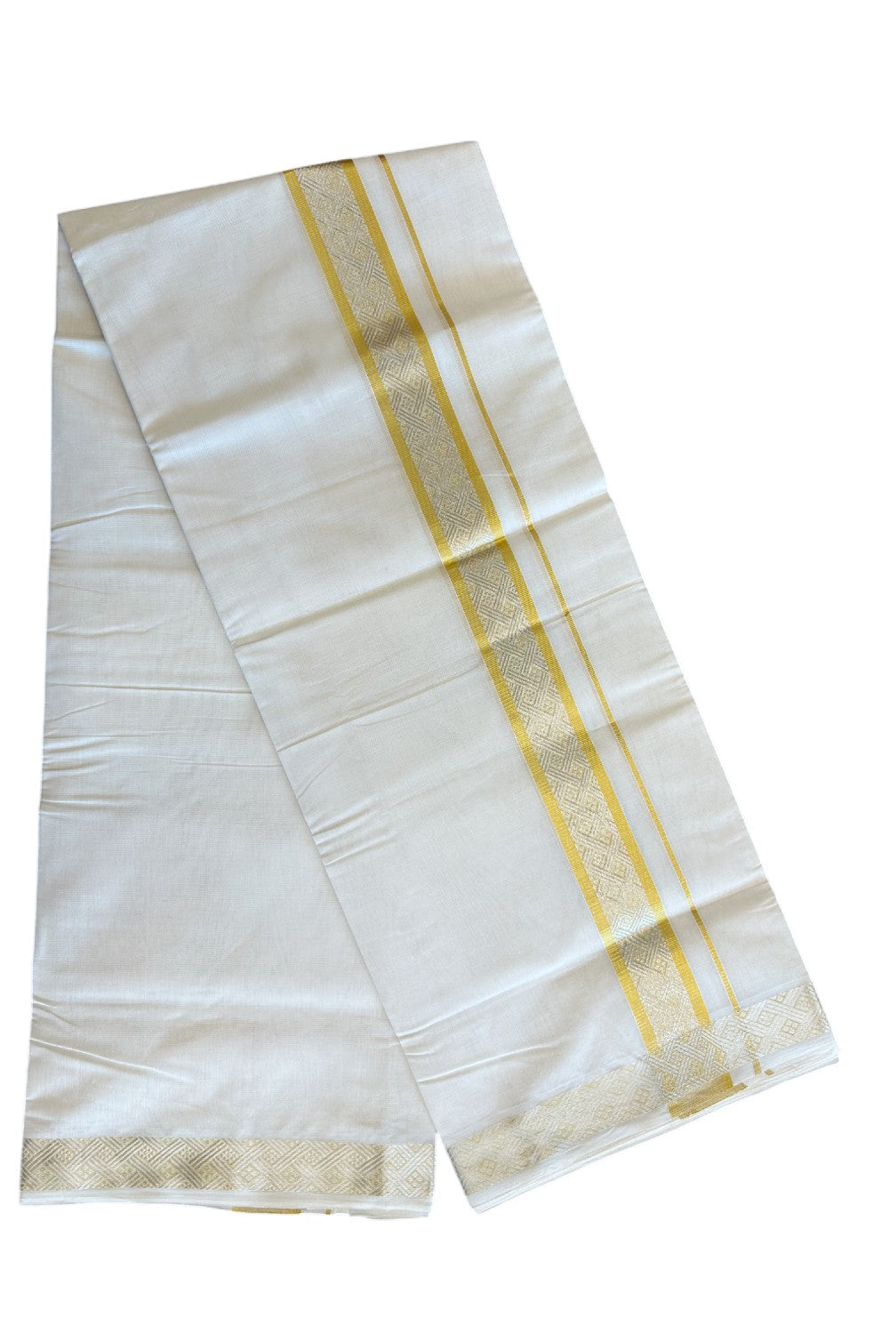 30% DISCOUNT ! KaithariKada HANDLOOM Unakkupaav Balaramapuram - 100% PURE Cotton Off White - (Unbleached) Double Mundu/Dhoti - 2.5 inch Gold Kasavu & Silver Kasavu Design Kara - 24KK5105RAM