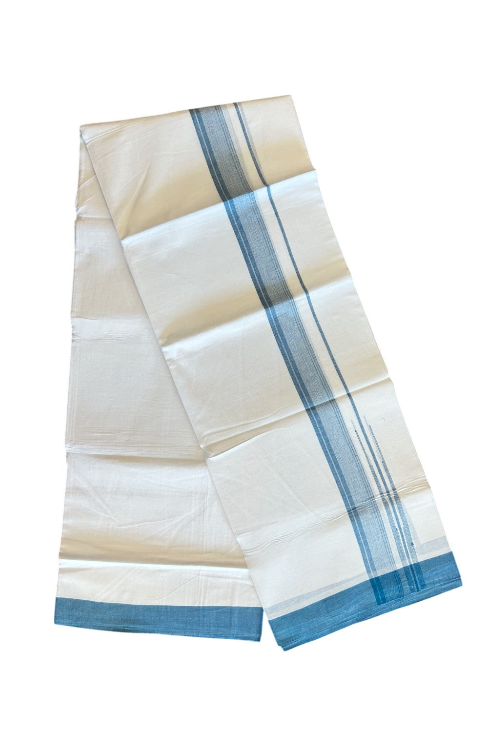 25% DISCOUNT!!! KaithariKada Balaramapuram 100% Cotton Double PURE white Mundu/Dhoti -80X80 - 1.5 Inch Peacock blue & White shaded stripes Chutty kara - 24KK5108GAN